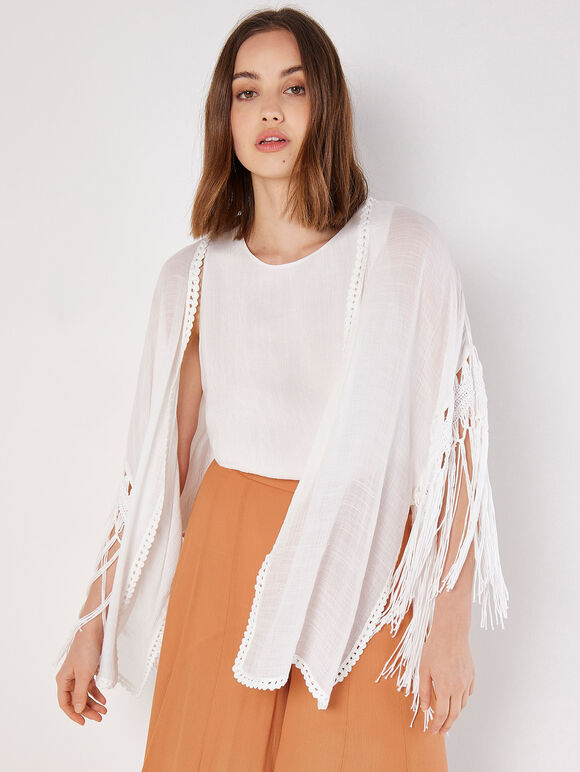 Slub Shimmer Fringe Cover-Up Cardigan, Cream, large