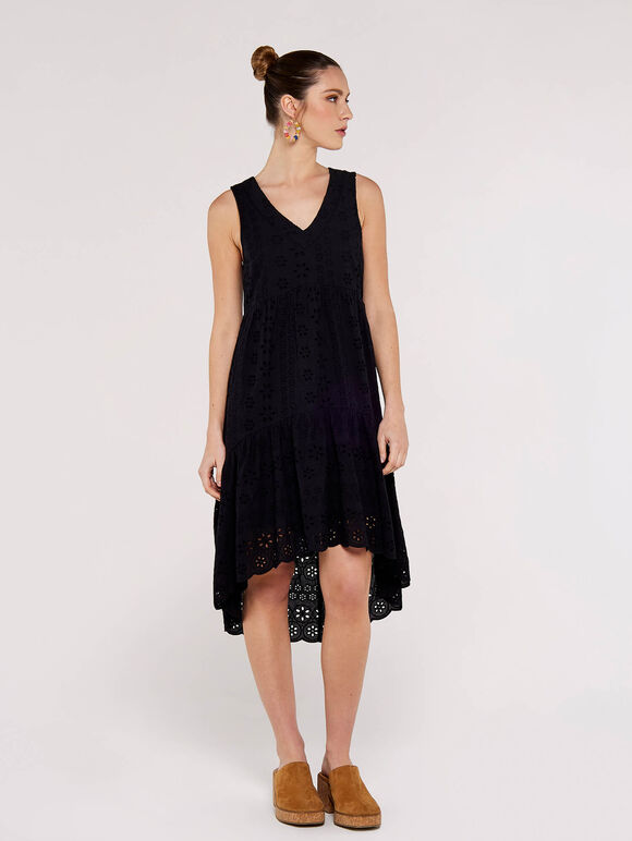 High-Low Anglaise Mini Dress, Black, large