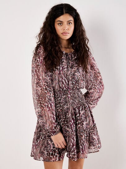 Feather Print Chiffon Mini Dress
