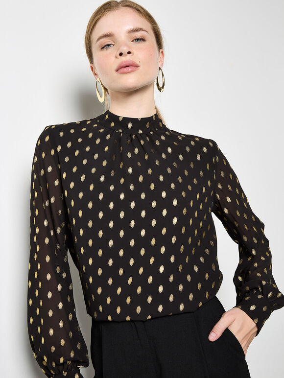 Gold Foil Print Crepe Top, Black, large