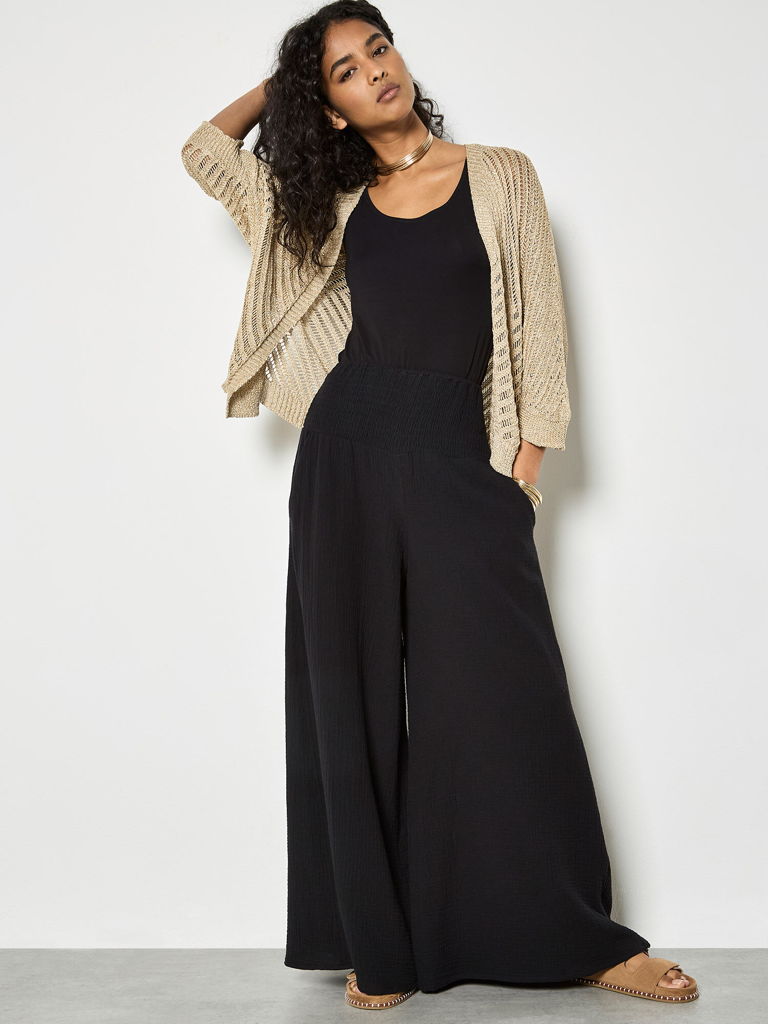 Textured Cotton Wide-Leg Trousers | Apricot Clothing