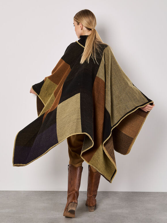 Colour Block Blanket Cape, Brown, large