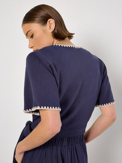 Stitch Detail Linen Blend Wrap Top