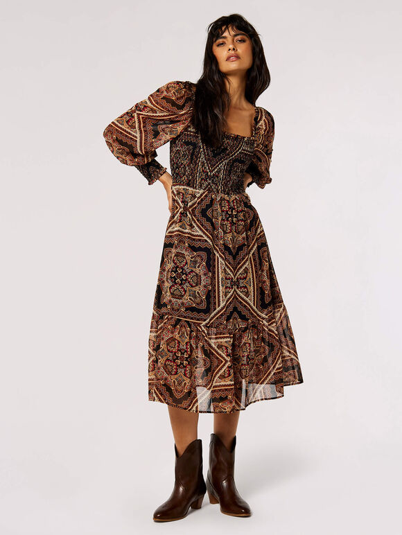 Scarf Print Milkmaid Midi Dress, Rust, large