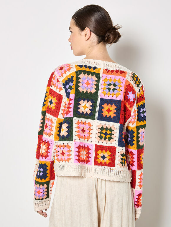 Colourful Crochet Squares Cardigan, Stone, large