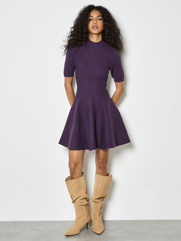Fit And Flare Ribbed Knit Mini Dress, Purple, large