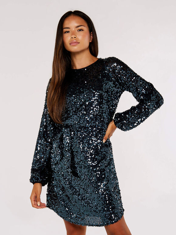 Sequin Shift  Mini Dress, Dark Grey - Charcoal, large