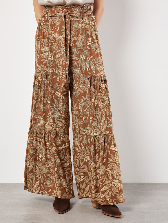 Batik Leaves Tiered Wide-Leg Trousers, Rust, large