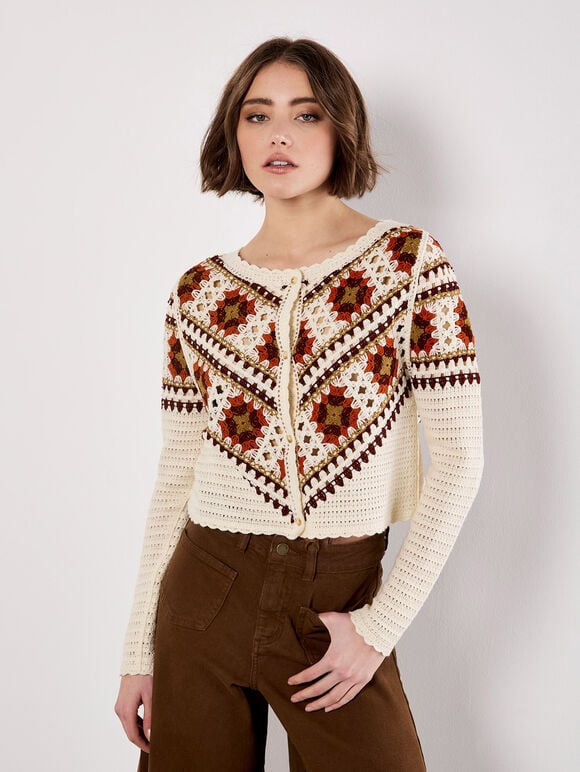 Crochet Squares Scallop Cardigan, Stone, large