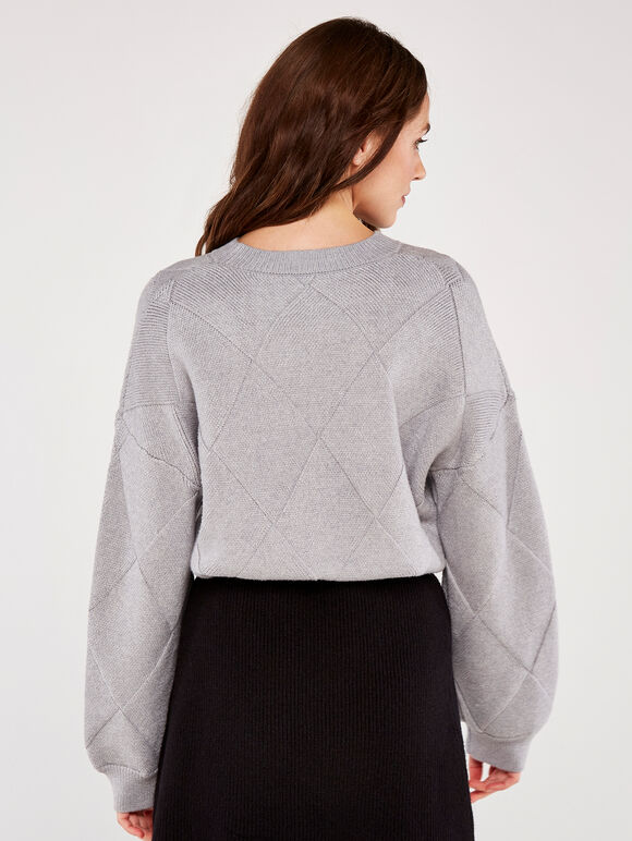 Basket Weave Puff Sleeve Jumper, Grey, large
