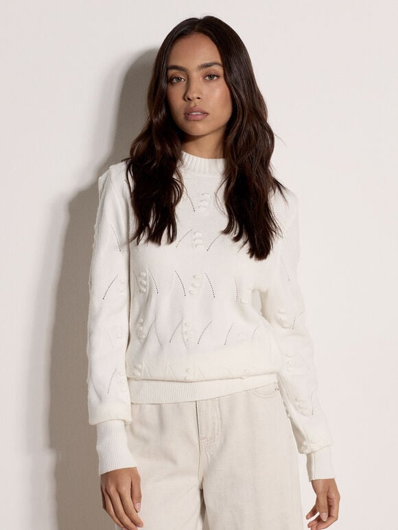 Pom Pointelle Knit Jumper, Cream, large