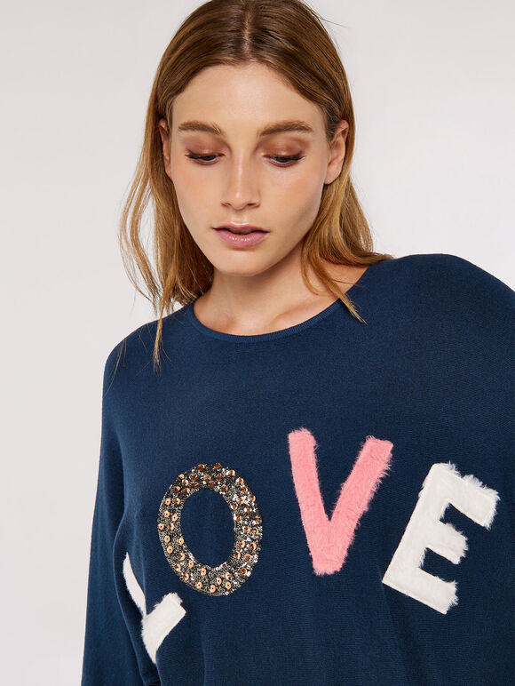 Sequin Love Jumper, Navy, large