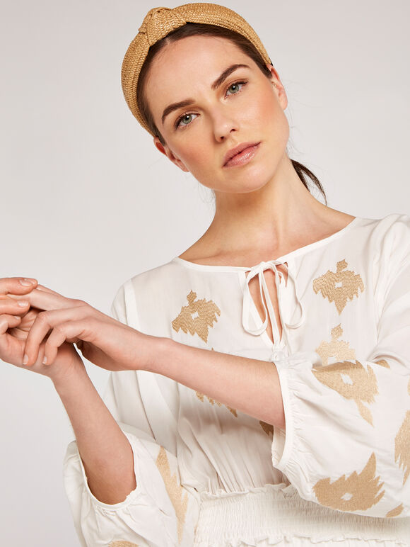 Embroidery Side Tie Dress, Cream, large