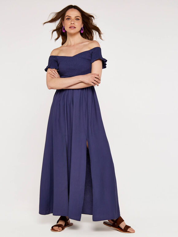 Cross Over Slit Dress, Blue, large