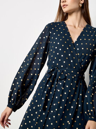 Gold Foil Polka Dot Chiffon Maxi Dress