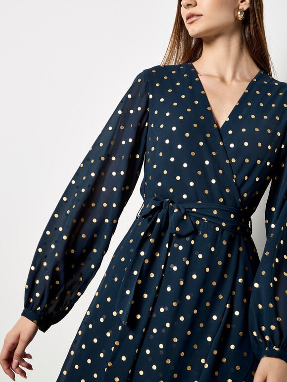 Gold Foil Polka Dot Chiffon Maxi Dress, Navy, large