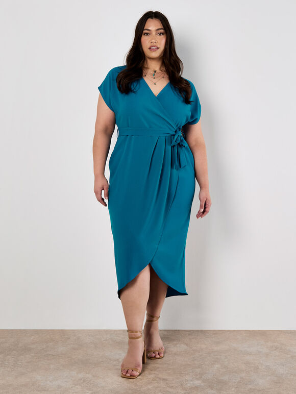 Curve Textured Wrap Midi Dress, Blue, large