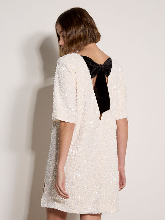 Sequin Embellished Mini Dress, White, large