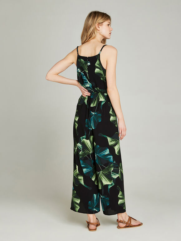 Banana Leaf Print Jumpsuit, Black, large