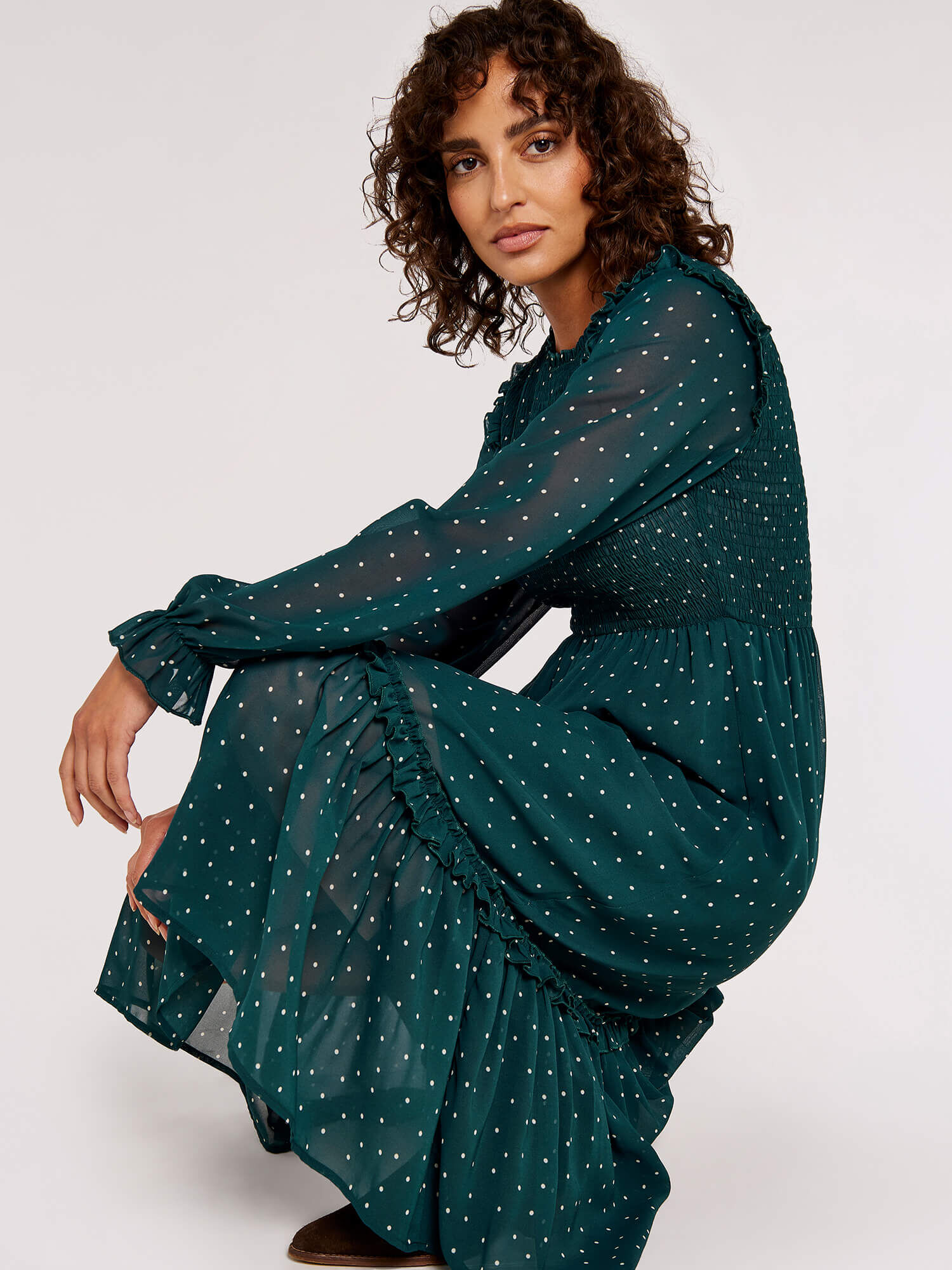 Polka Dot Smocked Midi Dress Apricot Clothing