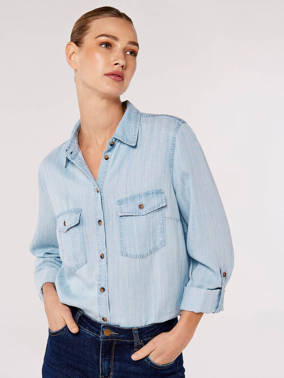 Button Down Denim Shirt, Sky Blue, large