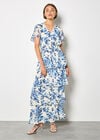 Watercolour Leaves Chiffon Tiered Maxi Dress, Blue, large
