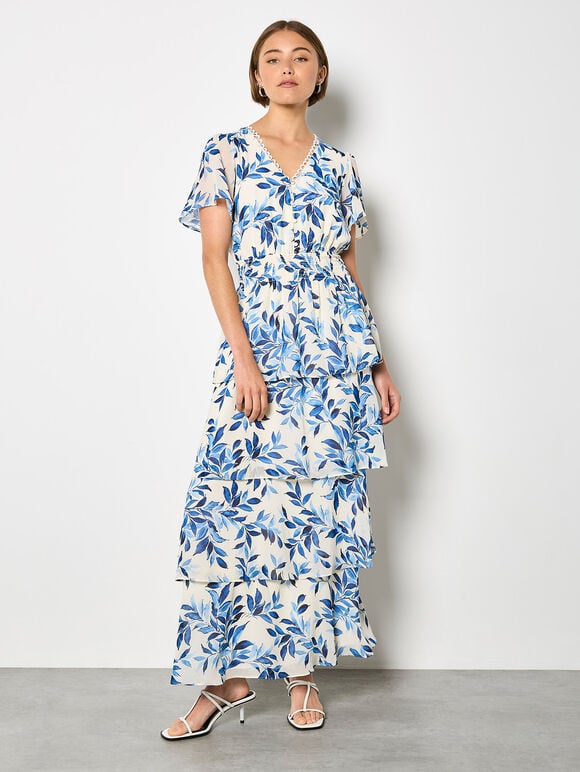 Watercolour Leaves Chiffon Tiered Maxi Dress, Blue, large