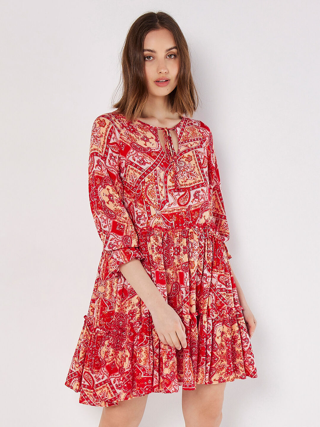 Scarf Print Tiered Mini Dress
