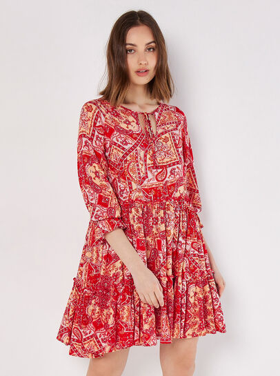 Scarf Print Tiered Mini Dress