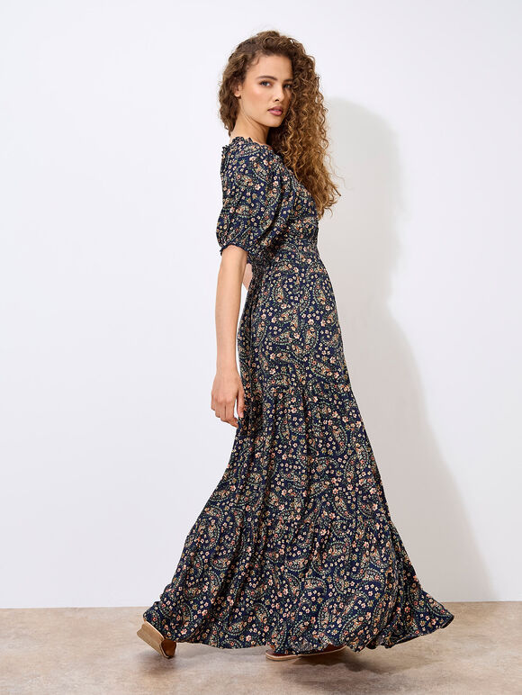 Floral Paisley Milkmaid Maxi Dress, Navy, large