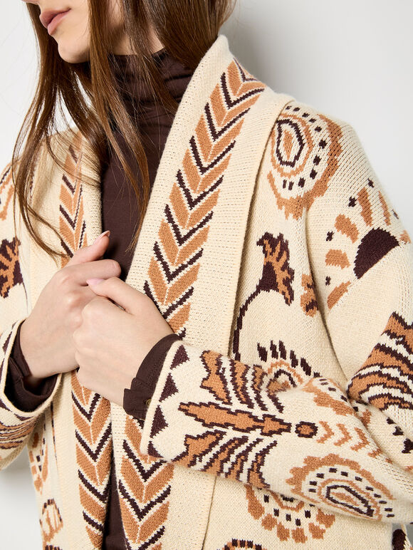 Chevron Palm Belted Cardigan, Stone, large