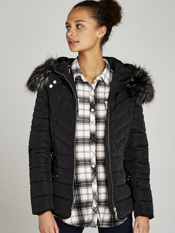 Faux Fur Hood Puffer Jacket, Black, large