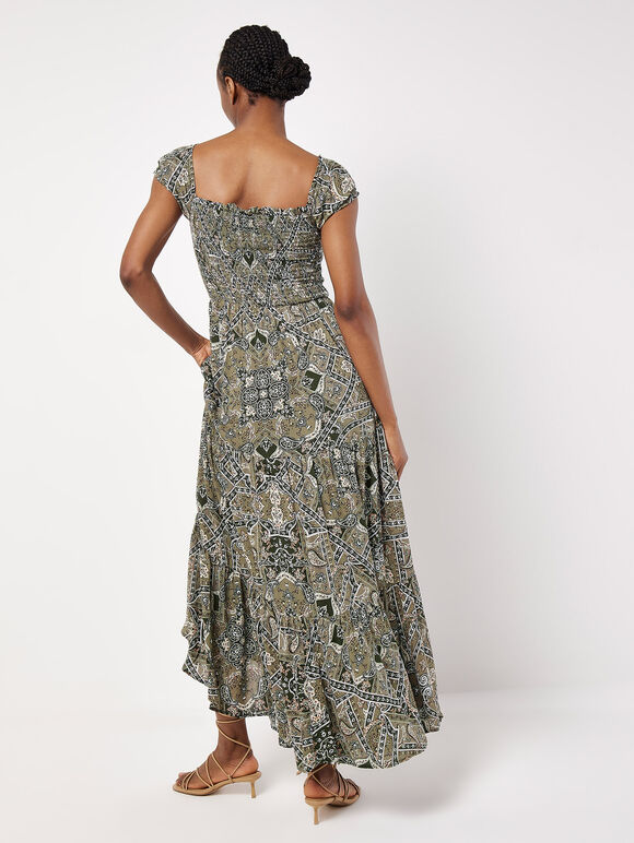Scarf Print Milkmaid Maxi Dress, Khaki, large