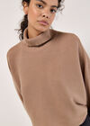 Ribbed Roll Neck Batwing Jumper, Stone, large