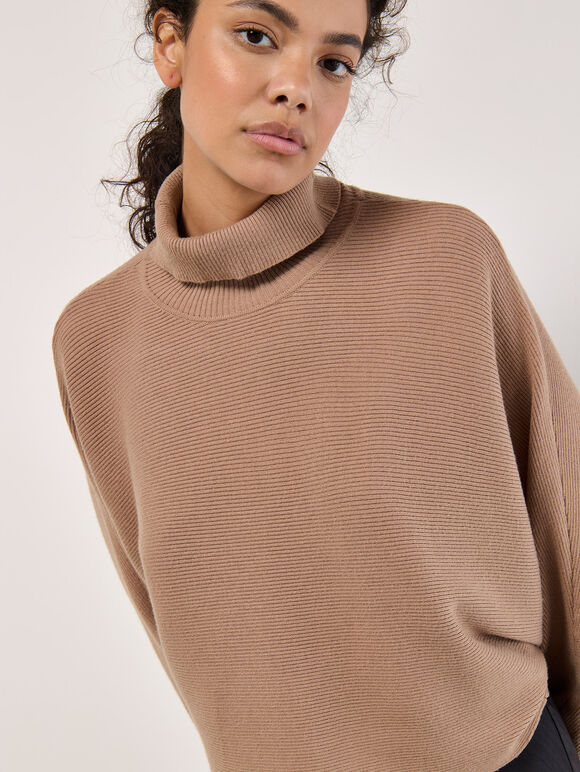 Ribbed Roll Neck Batwing Jumper, Stone, large