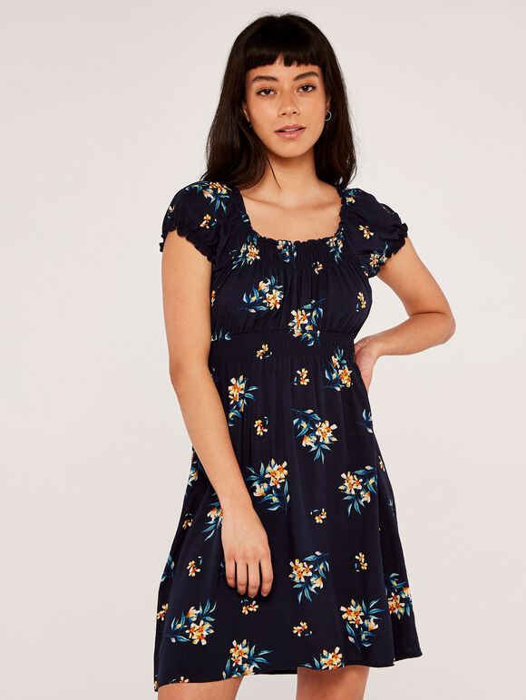 Floral Bunches Milkmaid Dress, Yellow, large