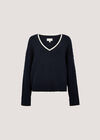 Cable Knit Tipped Cricket Jumper, Navy, large