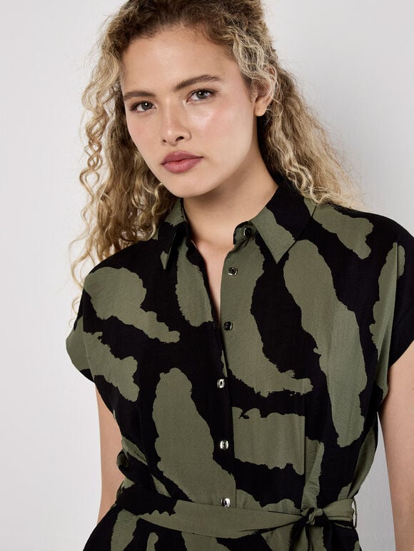 Zebra Print Shirt Midi Dress, Khaki, large