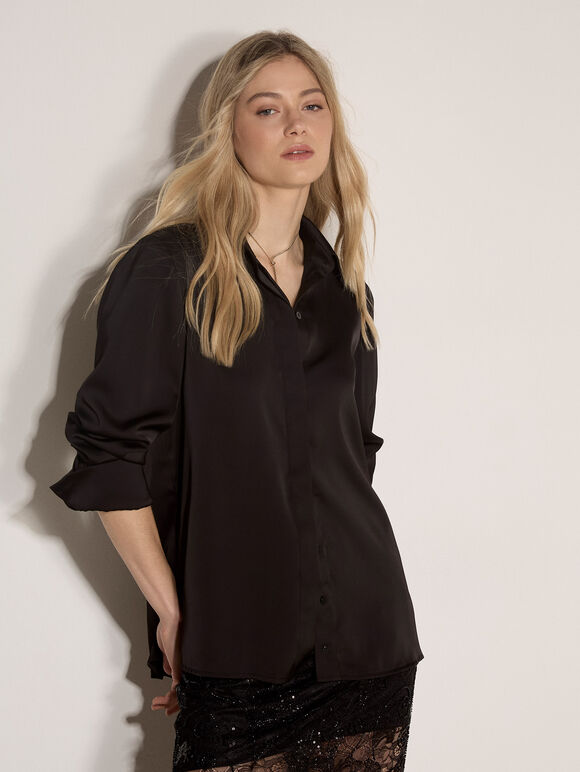 Oversized Satin Shirt, Black, large