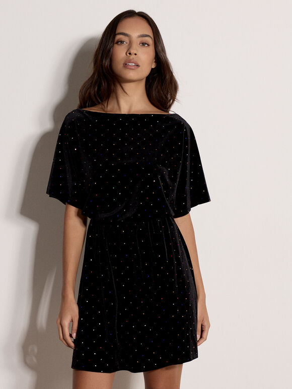 Multicolour Gem Velvet Mini Dress, Black, large