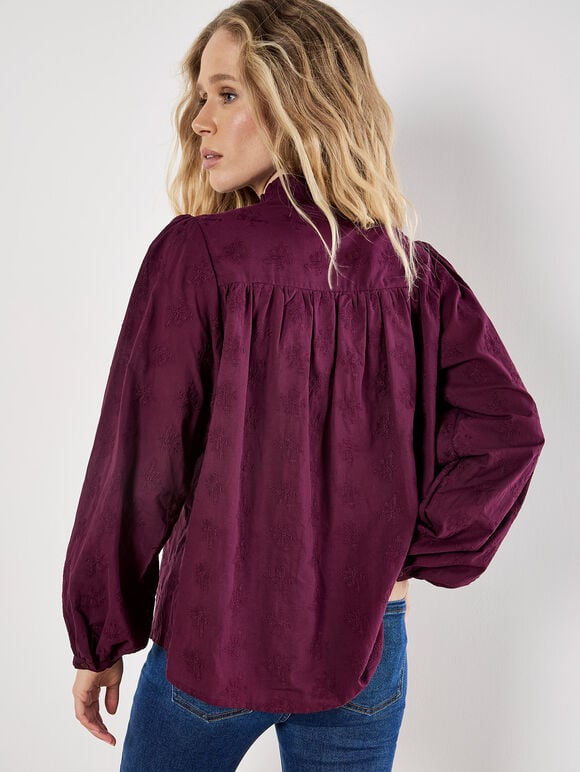 Floral Embroidered Shirt, Burgundy, large
