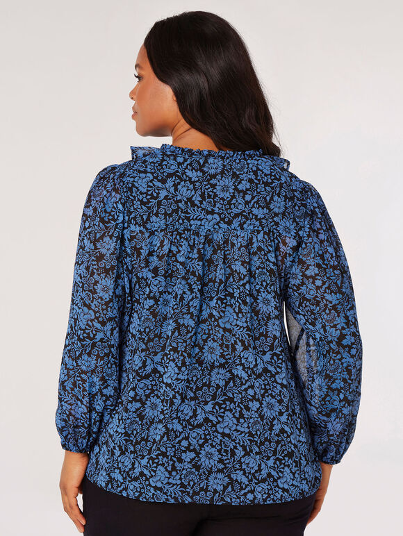 Curve Rüschenbluse mit floraler Silhouette, Blau, Größe L