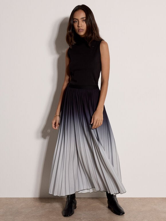 Ombre Pleated Midi Skirt, Black, large