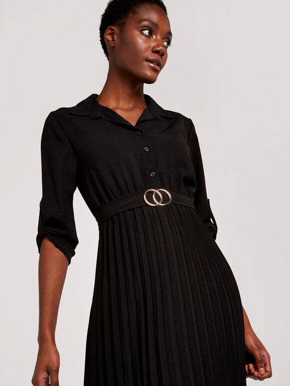 Circles Belt Pleated Midi Dress, Black, large