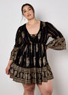 Paisley Shimmer Mini Dress, Black, large