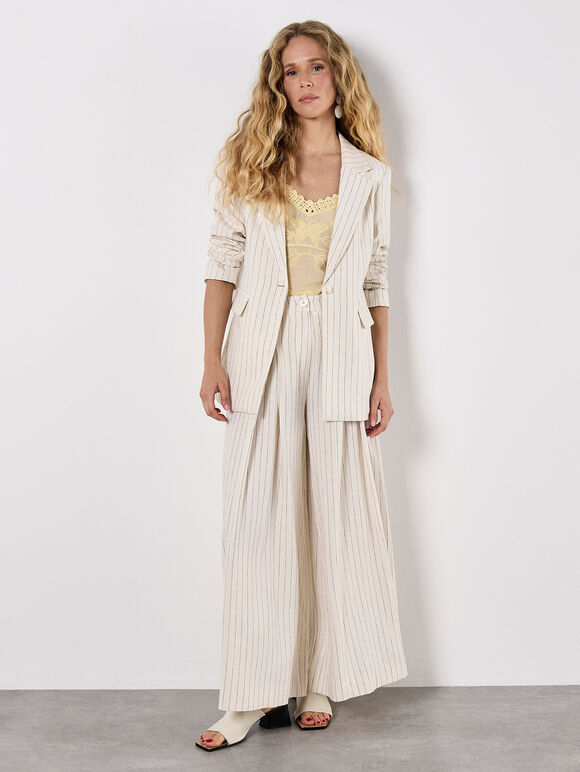 Pinstripe Pleat Palazzo Trousers, Stone, large
