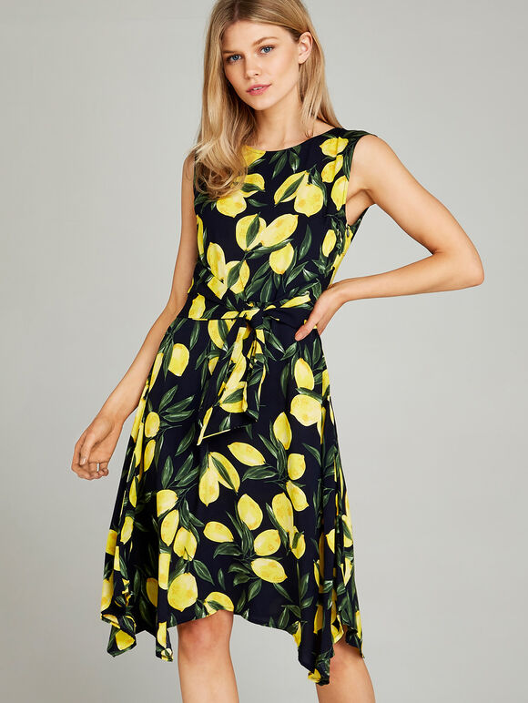 Navy Lemon Print Knot Front Dress, Navy, large