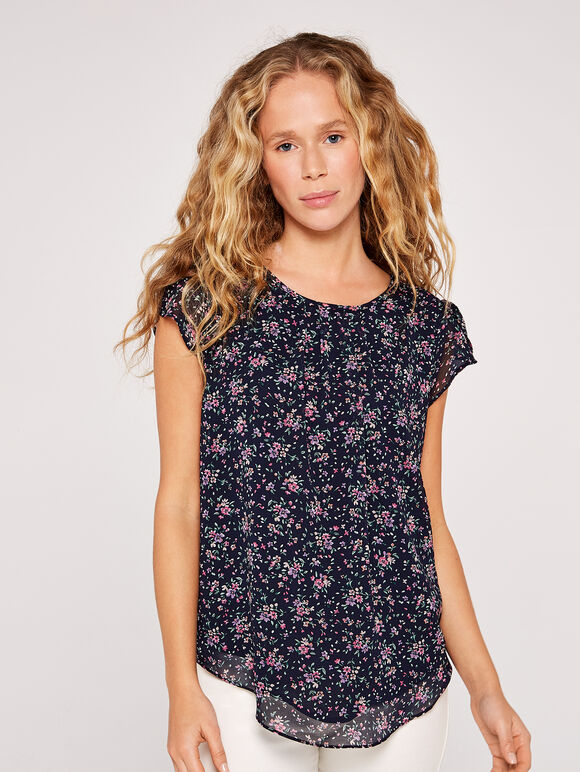 Floral Chiffon Top, Navy, large