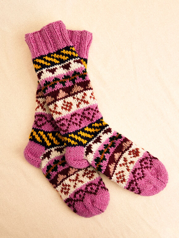 Hand-Knitted Long Stripe Socks, Pink, large