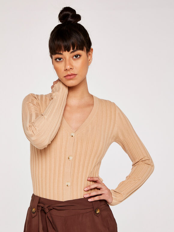 Ribbed Button Down Cardigan, Stone, large